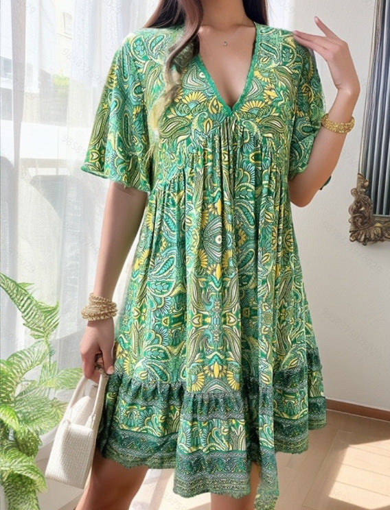 V-neck Vacation Leisure Printed Dress