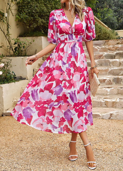 Elegant V-Neck Chiffon Printed Dress