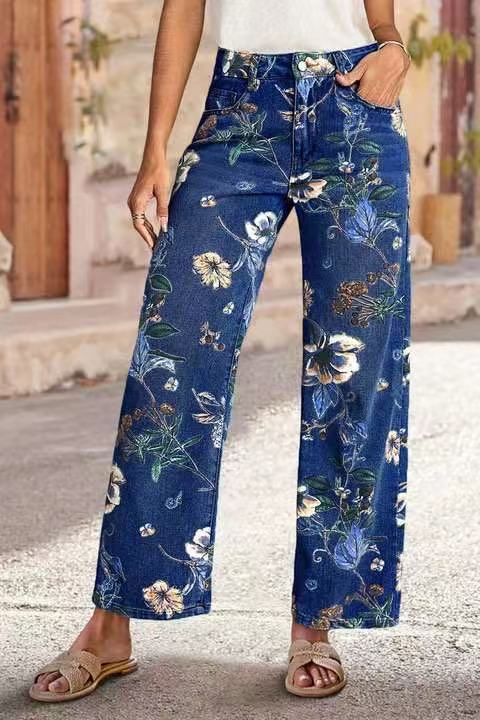 High Waist Floral Print Wide Leg Jeans