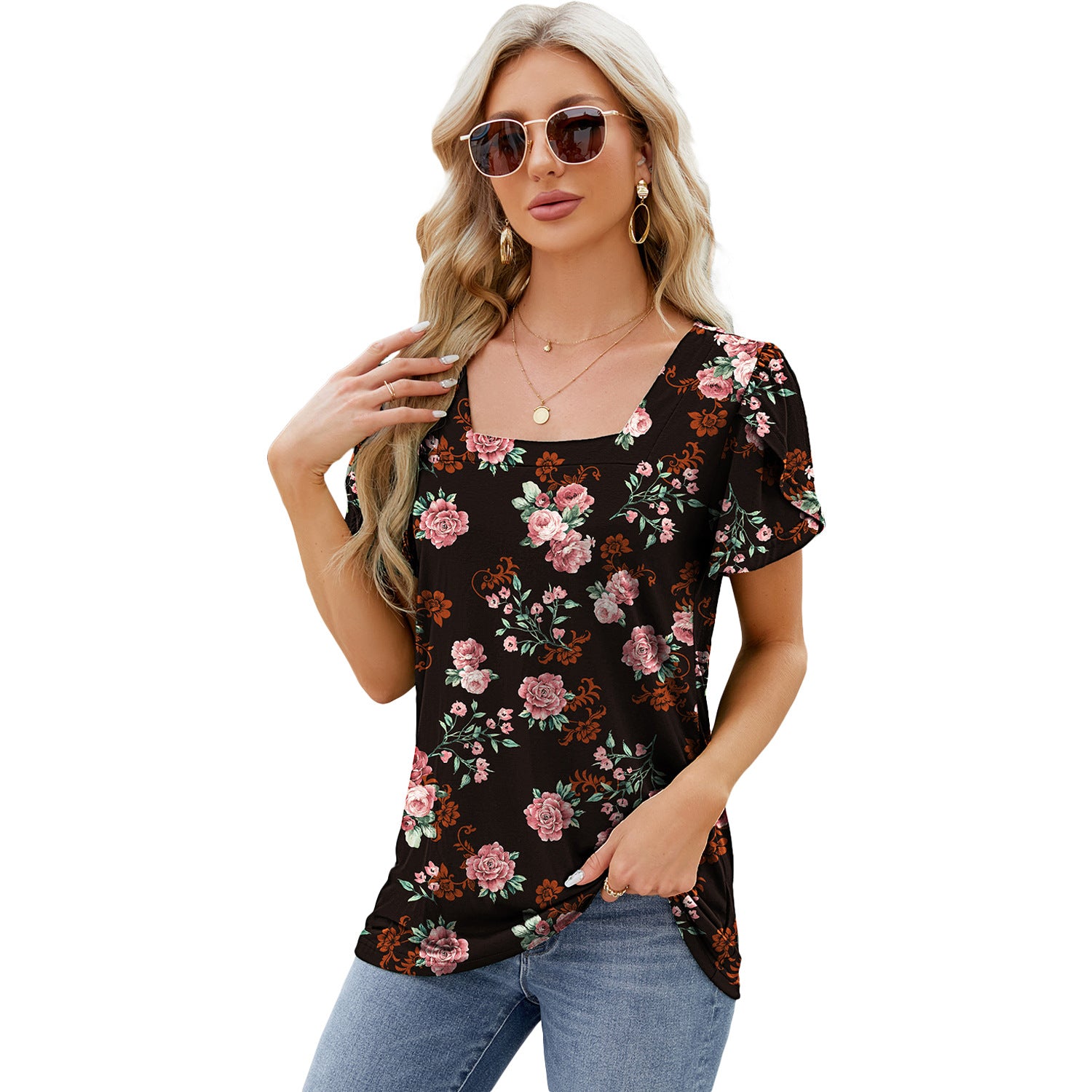 Fashionable Simple Square Neck Petal Print Loose T-shirt