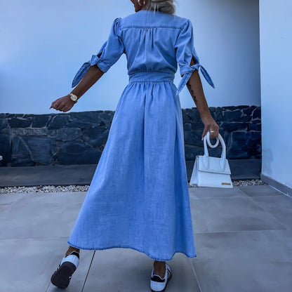 Fashionable Sexy V-Neck Long Button Denim Dress