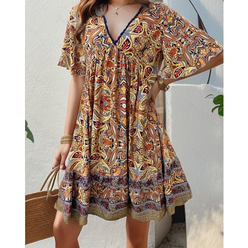 Robe imprimée de loisirs de vacances en V-Neck