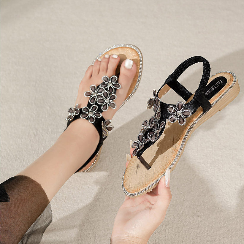 Sandalias planas con diamantes de imitación florales Pop Art