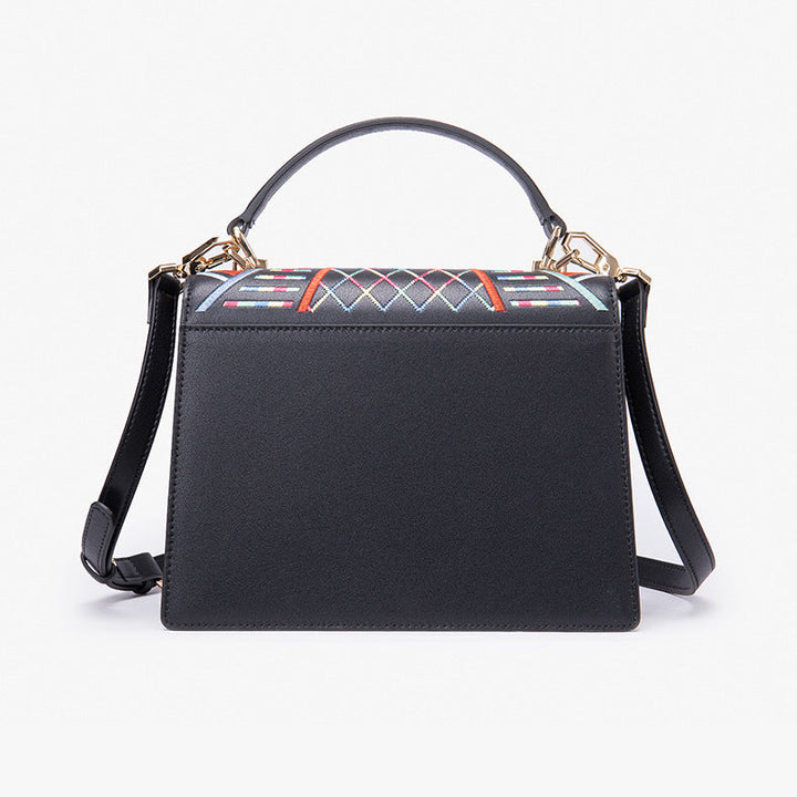 Genuine Leather Embroidered Top Handle Shoulder & Crossbody Bag