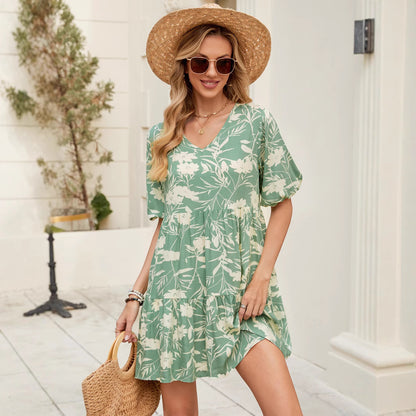 Printed V-Neck Loose Short-Sleeve Dress