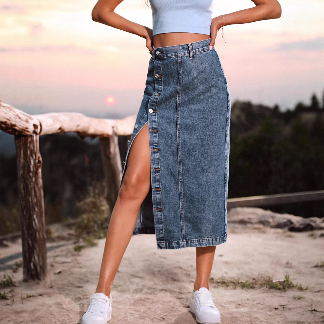 High-Waisted Asymmetric Denim Slit Skirt