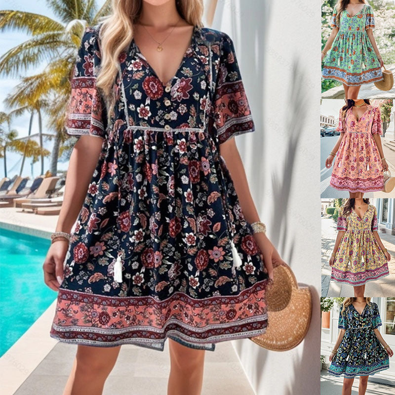 Robe à manches courtes imprimées de vacances à loisir