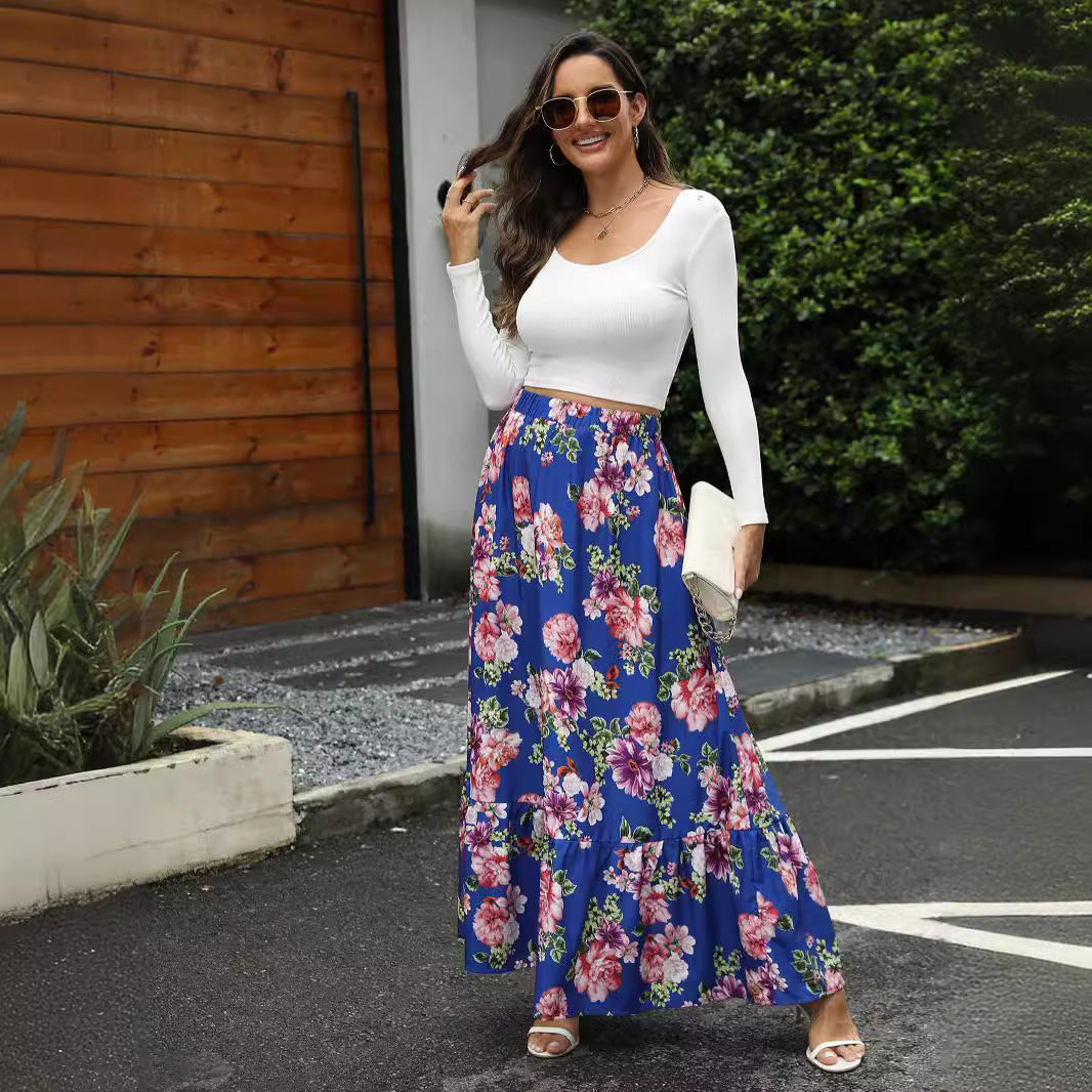 Vintage Floral Ruffled Patchwork Maxi Skirt