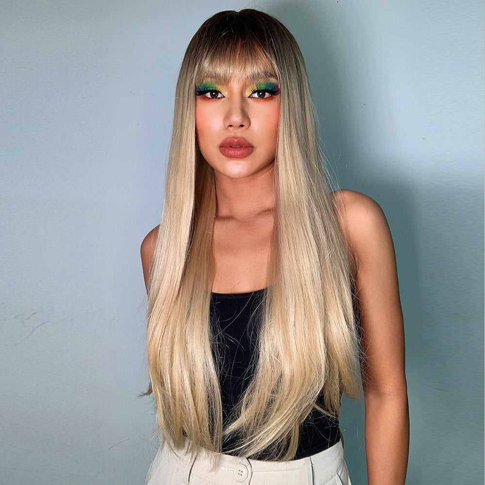 Center Part Gradual Color Long Straight Synthetic Wig with Bangs