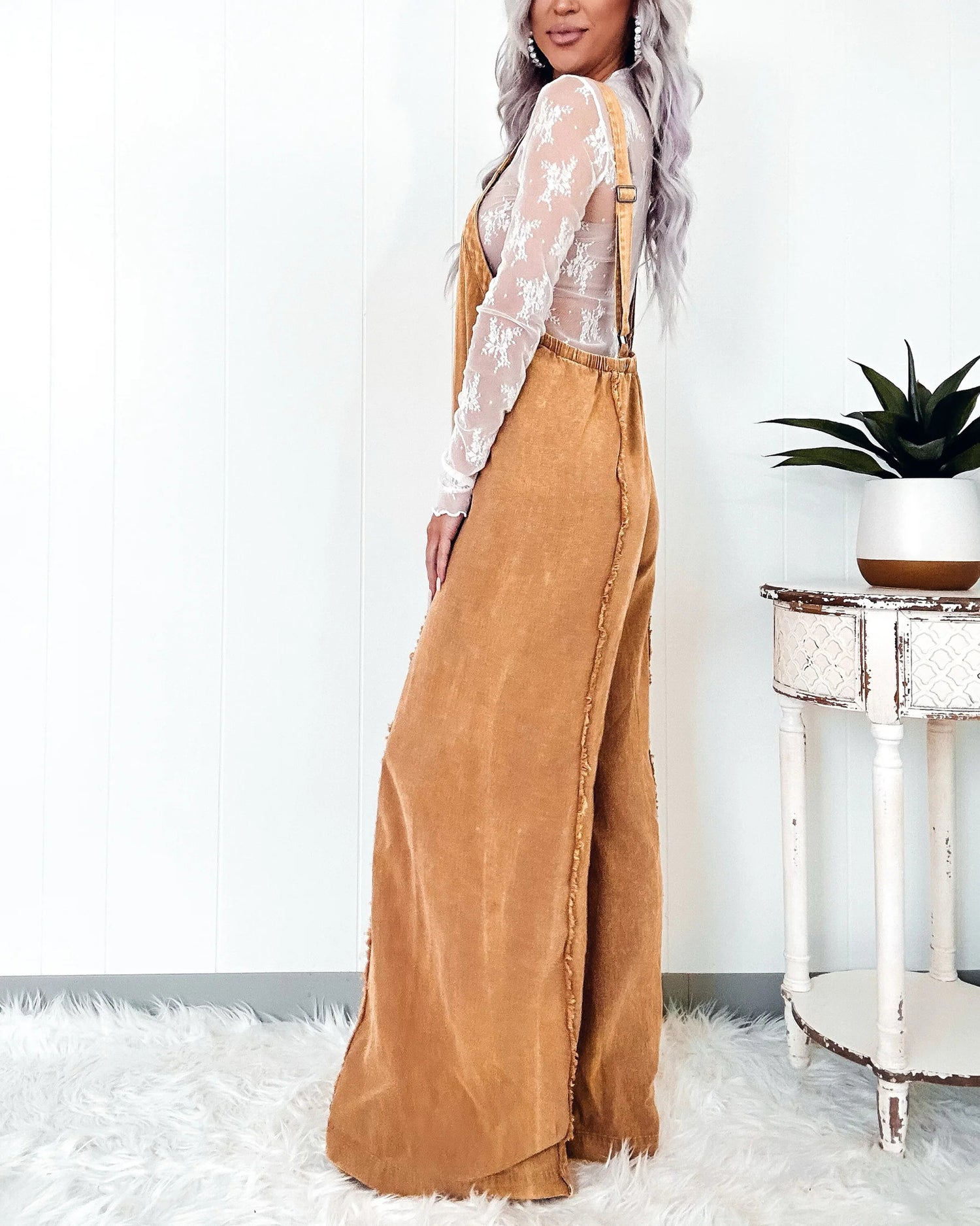 Vintage Washed Loose Fit Strap Wide-Leg Jumpsuit