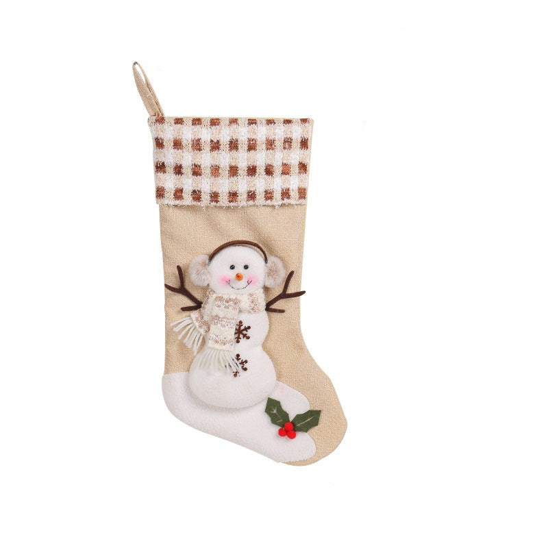 Snowman Christmas Stocking with Checkered Stripe Cuff Gift Bag