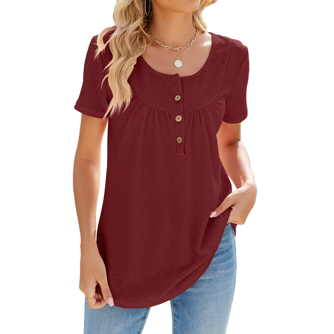 Solid Color Round Neck Loose Fit with Buttons T-shirt