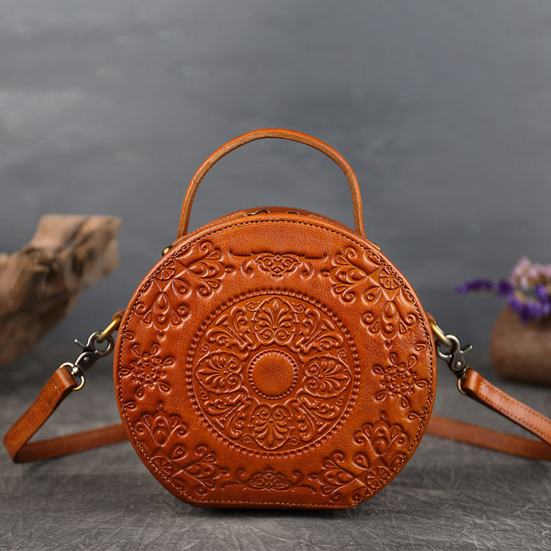 Genuine Leather Vintage Small Round Crossbody Shoulder Bag