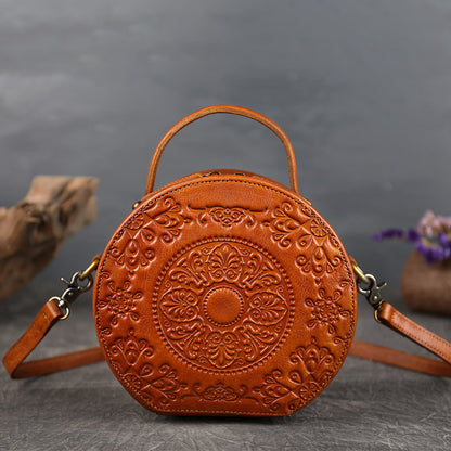 Genuine Leather Vintage Small Round Crossbody Shoulder Bag