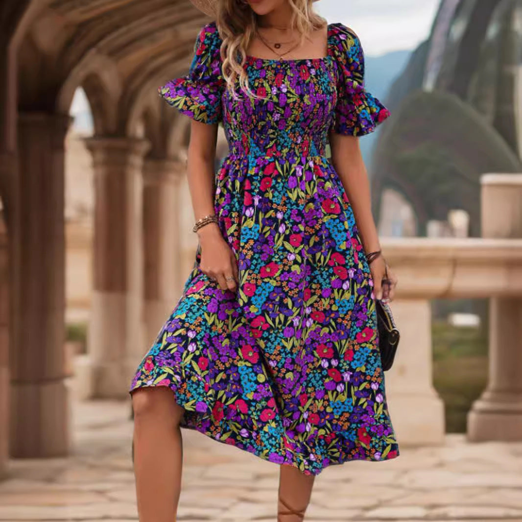 Off-Shoulder Bell Sleeve Floral Dress