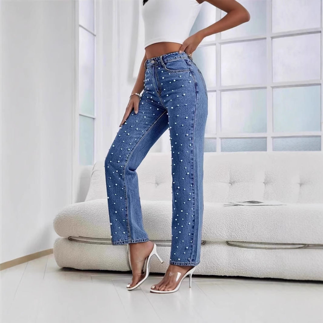 High Waist Pearl Embellished Straight Leg Jeans