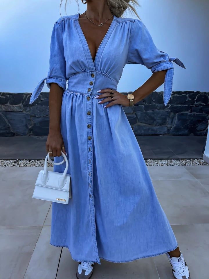 Fashionable Sexy V-Neck Long Button Denim Dress