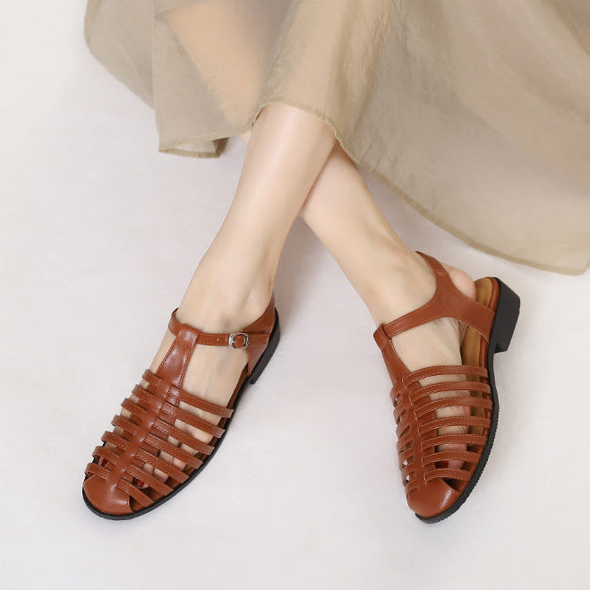 Vintage Woven Closed-Toe Square-Toe Roman Sandals