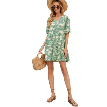 Printed V-Neck Loose Short-Sleeve Dress