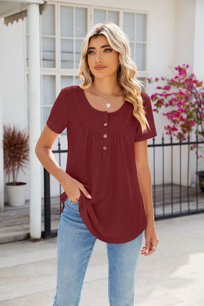 Solid Color Round Neck Loose Fit with Buttons T-shirt