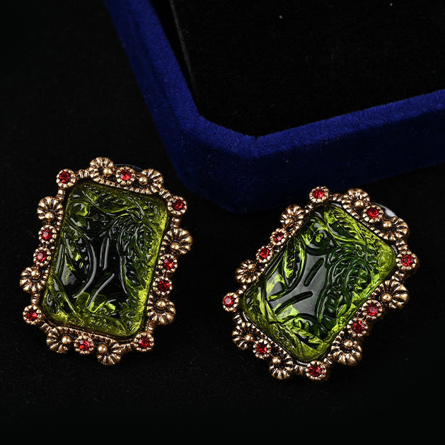 Vintage Luxe Green Glass Stud Earrings or Necklace