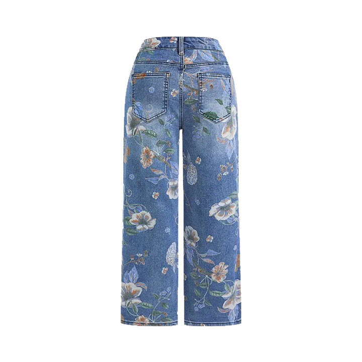 High Waist Floral Print Wide Leg Jeans