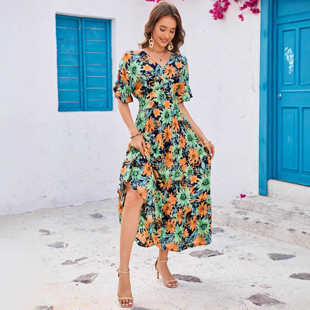Ruffled V-Neck Cinched-Waist Bohemian Dress