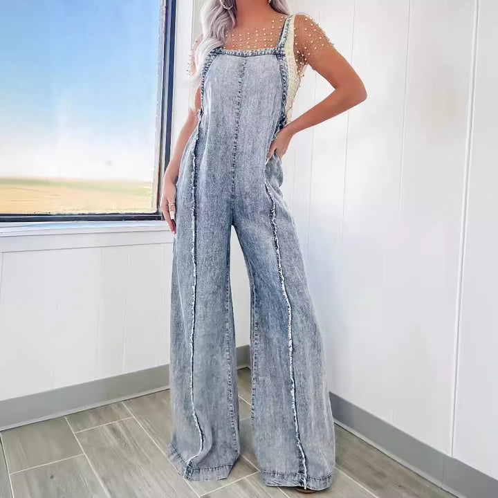 Vintage Washed Loose Fit Strap Wide-Leg Jumpsuit