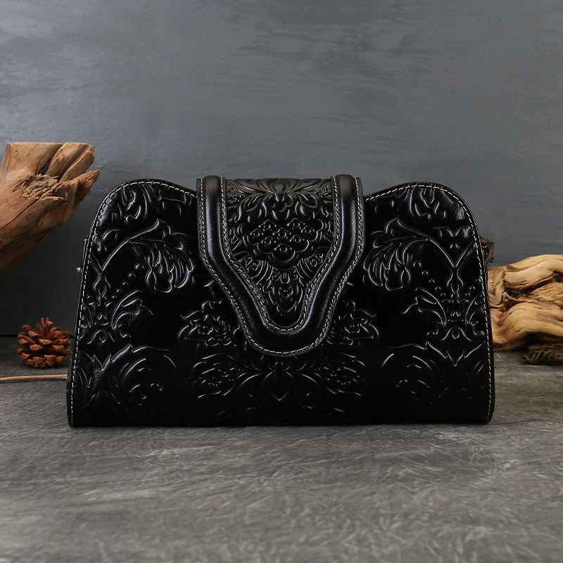 Genuine Leather Embossed Floral Clutch Crossbody Bag