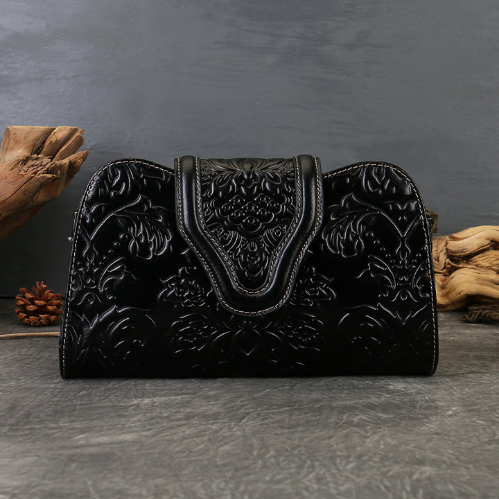 Genuine Leather Embossed Floral Clutch Crossbody Bag