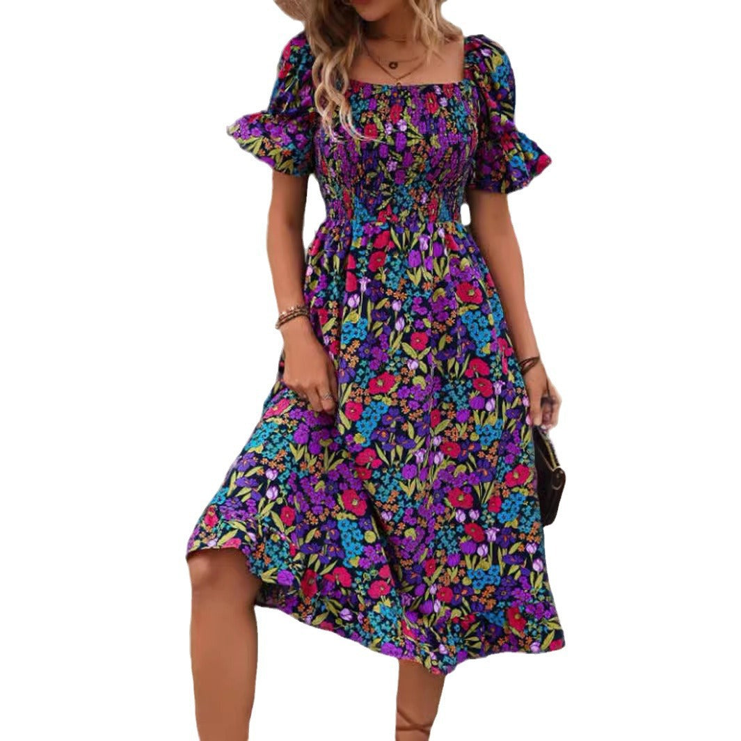 Off-Shoulder Bell Sleeve Floral Dress