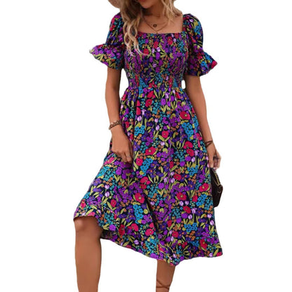 Off-Shoulder Bell Sleeve Floral Dress