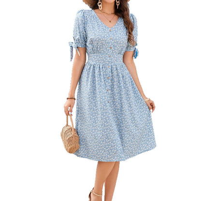 Stylish Floral V-Neck Bowknot Dress