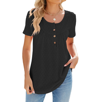 Solid Color Round Neck Loose Fit with Buttons T-shirt