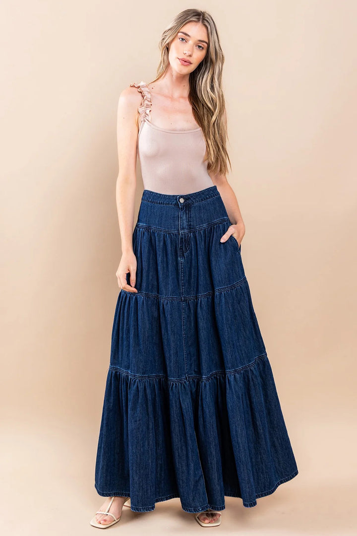 Distressed Vacation-Style Tiered Denim Skirt