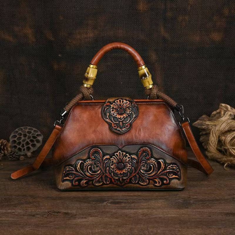 Embossed Carved Leather Casual Shoulder Bag