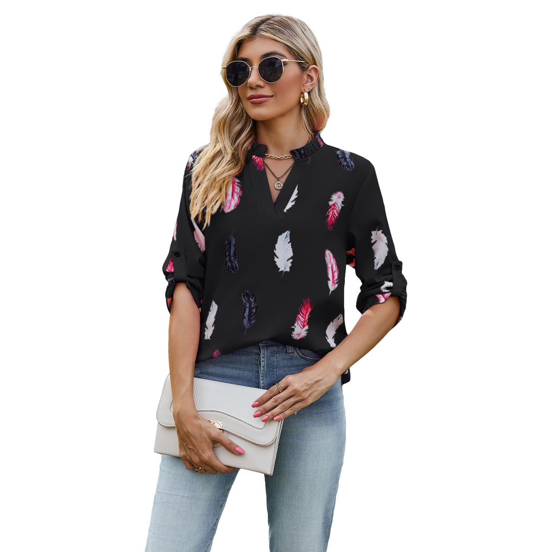 V-neck Feather Print Loose Fit Seven Sleeve Blouse