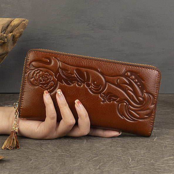Vintage Rose Scroll Embossed Long Wallet