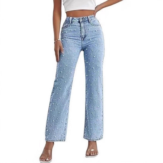 High Waist Pearl Embellished Straight Leg Jeans