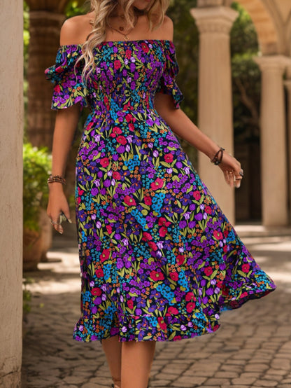 Off-Shoulder Bell Sleeve Floral Dress