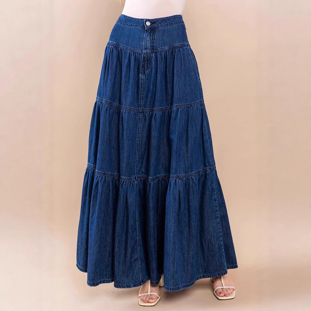 Distressed Vacation-Style Tiered Denim Skirt