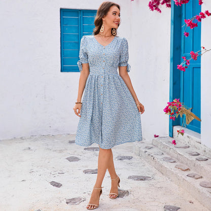 Stylish Floral V-Neck Bowknot Dress
