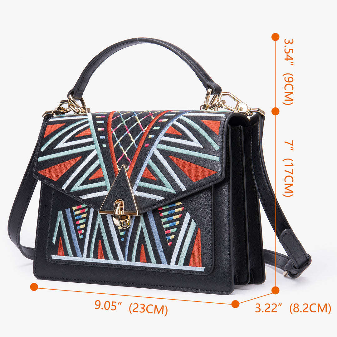 Genuine Leather Embroidered Top Handle Shoulder & Crossbody Bag