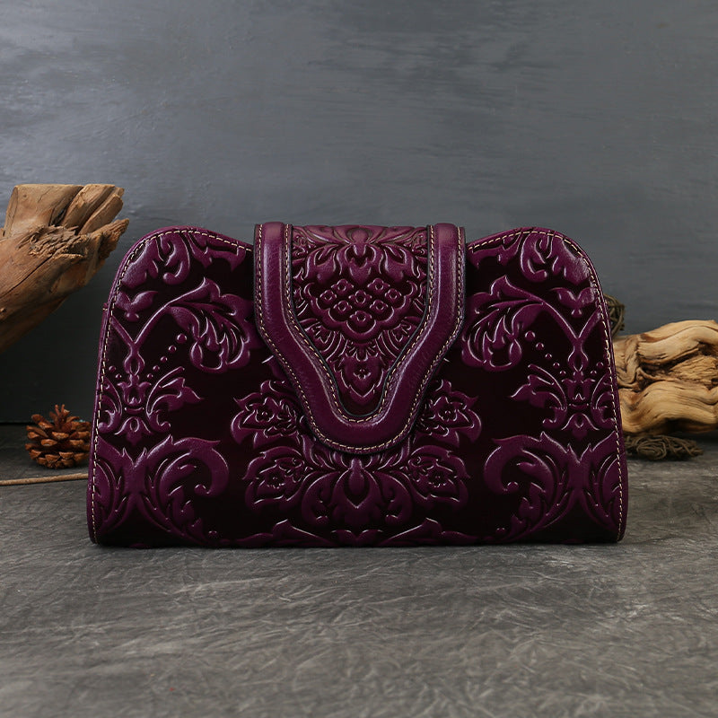 Genuine Leather Embossed Floral Clutch Crossbody Bag