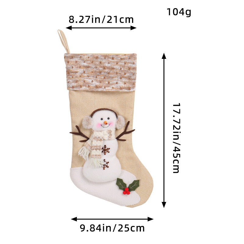 Snowman Christmas Stocking with Checkered Stripe Cuff Gift Bag