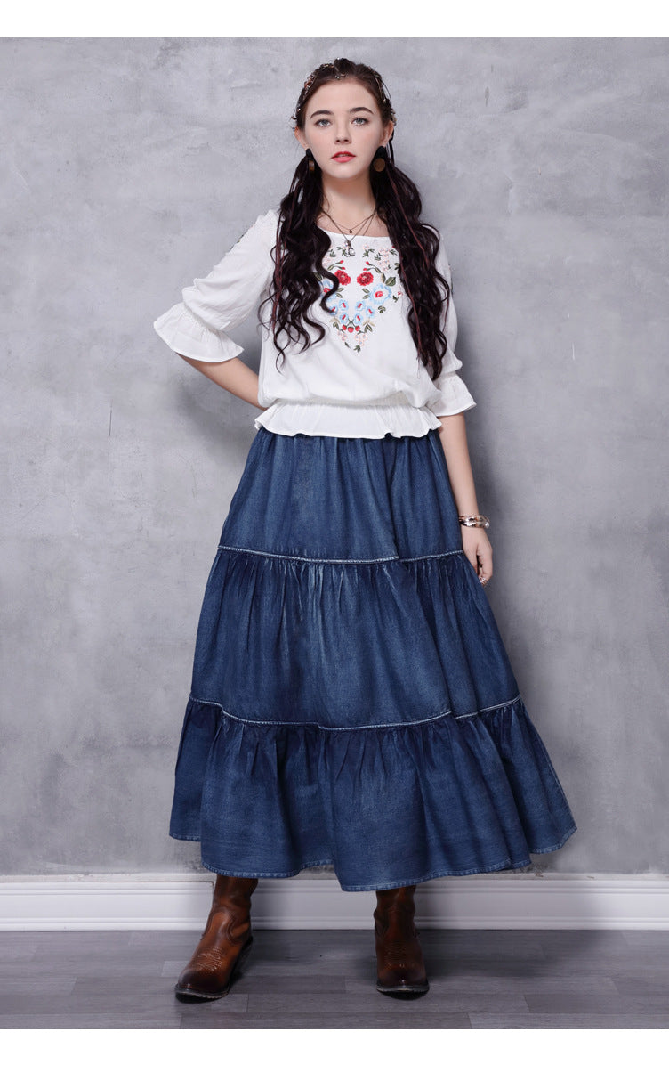 Vintage Flared Patchwork Denim Skirt