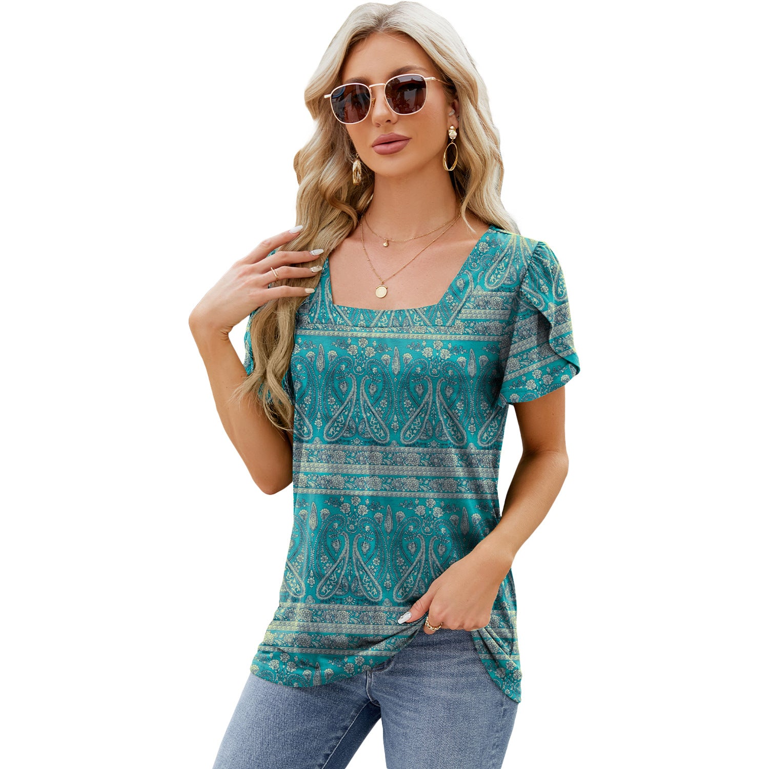 Fashionable Simple Square Neck Petal Print Loose T-shirt