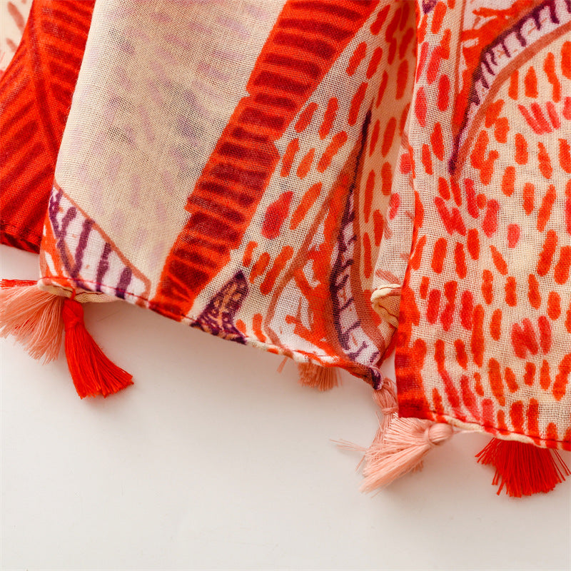 Orange-Red Leaf Floral Silk Scarf Shawl