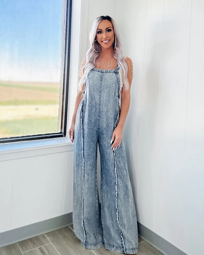 Vintage Washed Loose Fit Strap Wide-Leg Jumpsuit