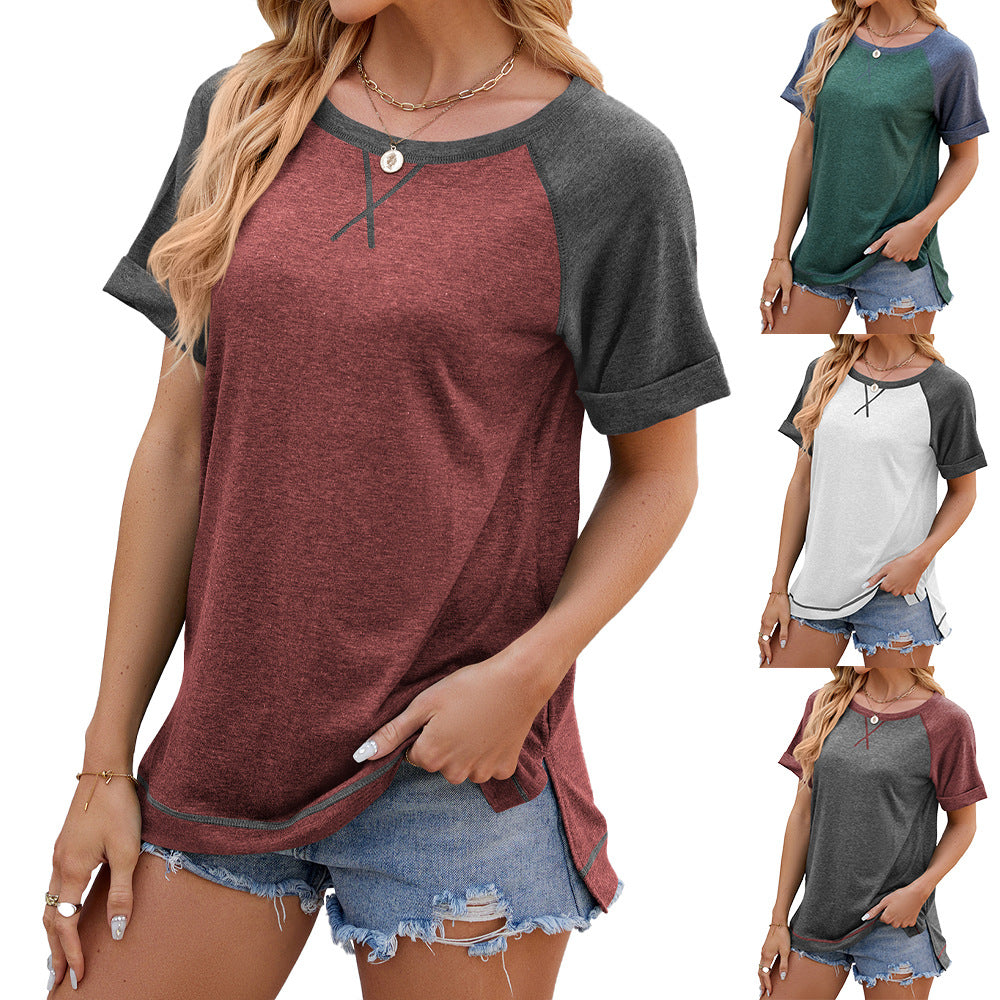 Color Block Round Neck Loose Fit Short Sleeve with Slit T-shirt